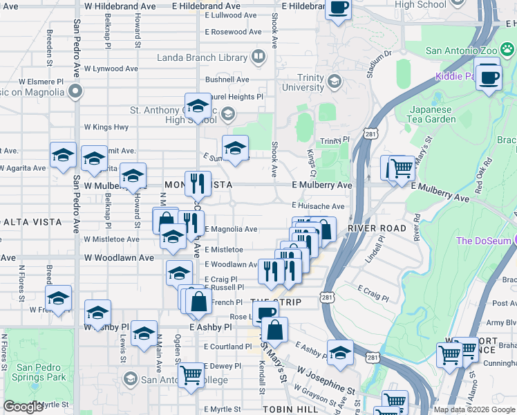 map of restaurants, bars, coffee shops, grocery stores, and more near 340 East Huisache Avenue in San Antonio