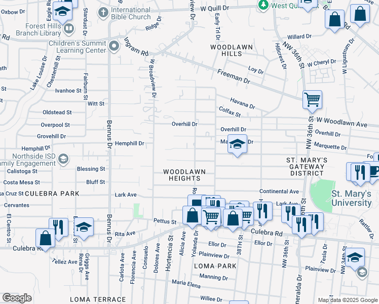 map of restaurants, bars, coffee shops, grocery stores, and more near 414 Riverdale Drive in San Antonio