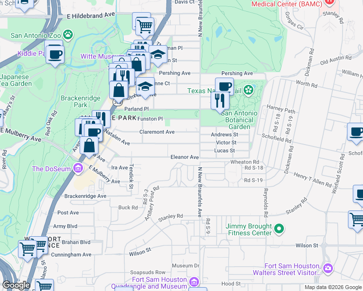 map of restaurants, bars, coffee shops, grocery stores, and more near 430 Natalen Avenue in San Antonio