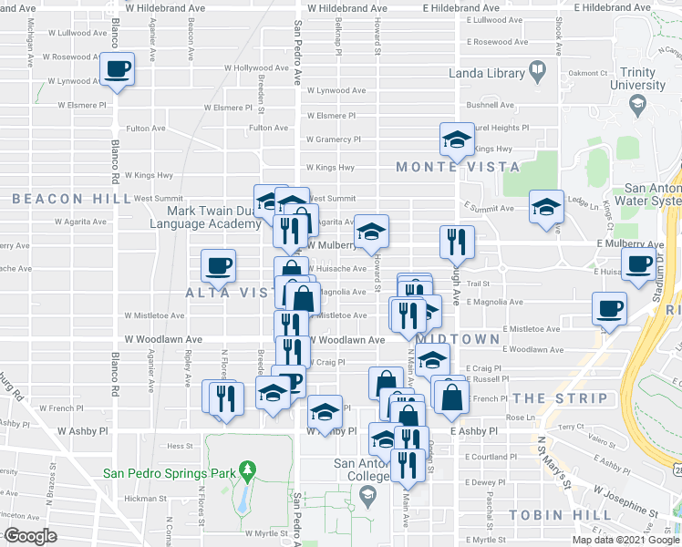 map of restaurants, bars, coffee shops, grocery stores, and more near 242 West Huisache Avenue in San Antonio