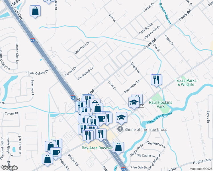 map of restaurants, bars, coffee shops, grocery stores, and more near 600 Deats Road in Dickinson