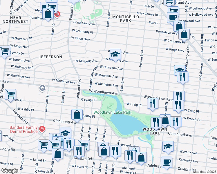 map of restaurants, bars, coffee shops, grocery stores, and more near 2204 West Mistletoe Avenue in San Antonio