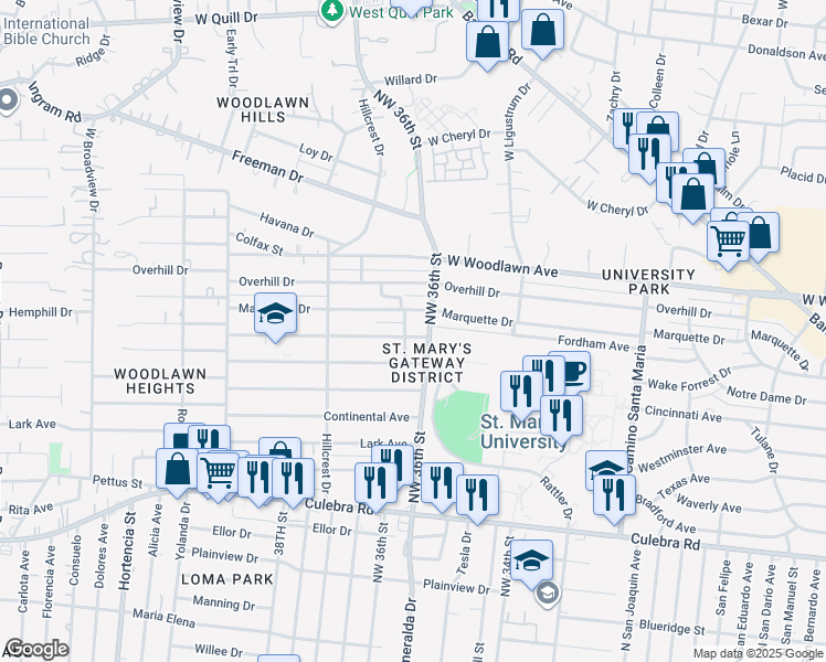 map of restaurants, bars, coffee shops, grocery stores, and more near 127 Belfair Drive in San Antonio