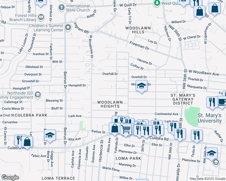 map of restaurants, bars, coffee shops, grocery stores, and more near 414 Riverdale Drive in San Antonio