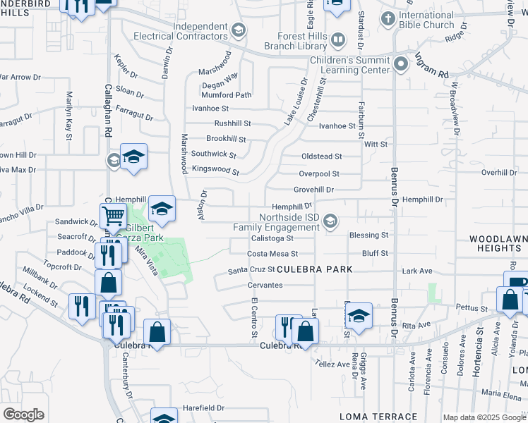 map of restaurants, bars, coffee shops, grocery stores, and more near 5310 Hemphill Drive in San Antonio