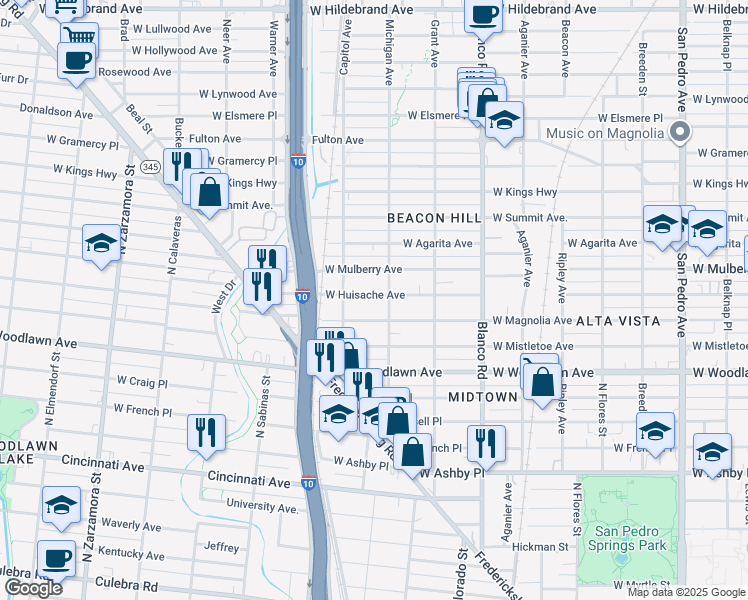 map of restaurants, bars, coffee shops, grocery stores, and more near 1114 West Huisache Avenue in San Antonio