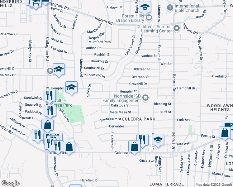 map of restaurants, bars, coffee shops, grocery stores, and more near 5310 Hemphill Drive in San Antonio