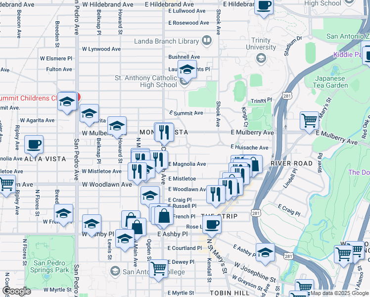 map of restaurants, bars, coffee shops, grocery stores, and more near 323 Carleton Court in San Antonio
