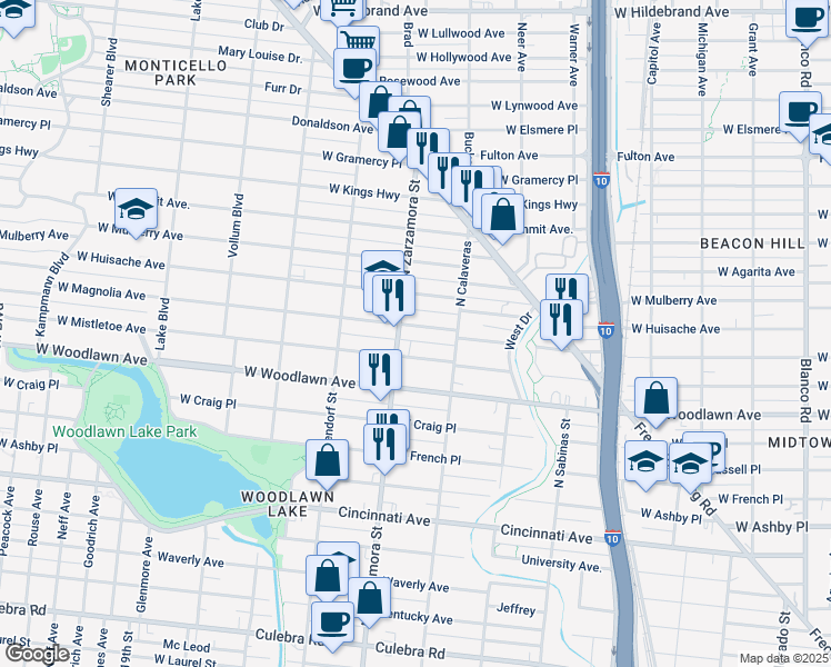 map of restaurants, bars, coffee shops, grocery stores, and more near 1638 West Magnolia Avenue in San Antonio
