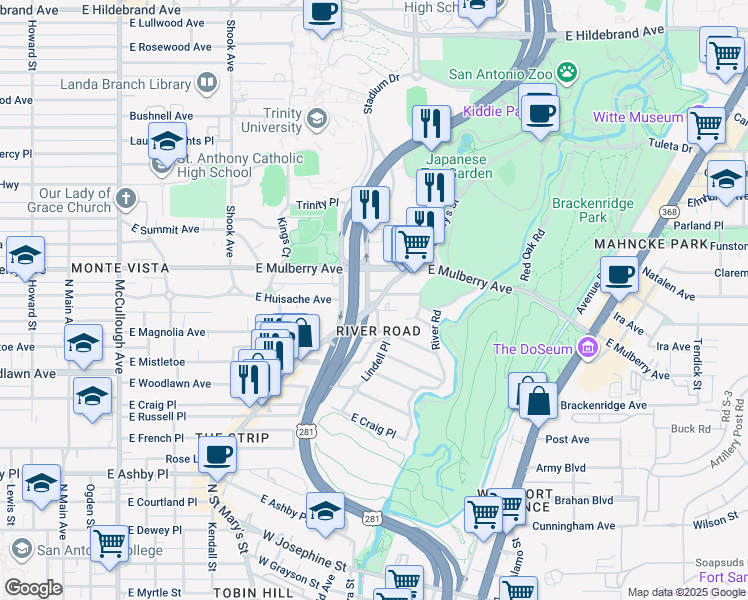map of restaurants, bars, coffee shops, grocery stores, and more near 3305 North Saint Mary's Street in San Antonio