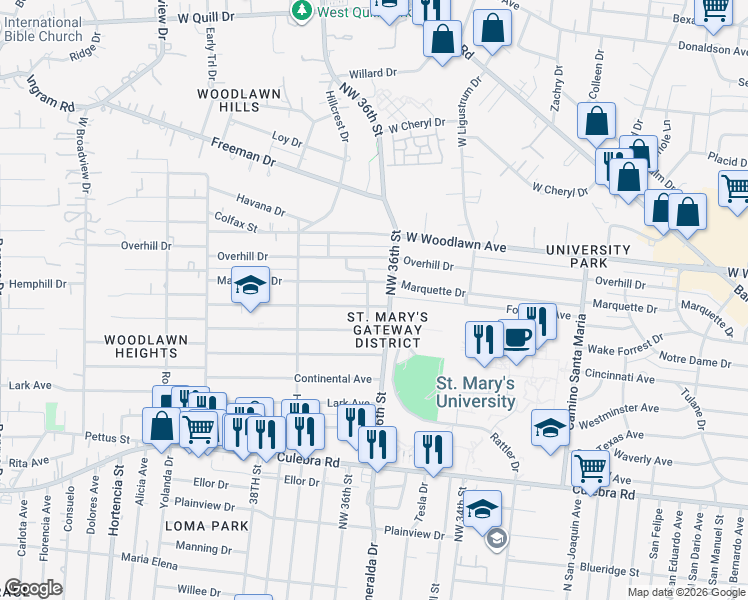 map of restaurants, bars, coffee shops, grocery stores, and more near 127 Belfair Drive in San Antonio