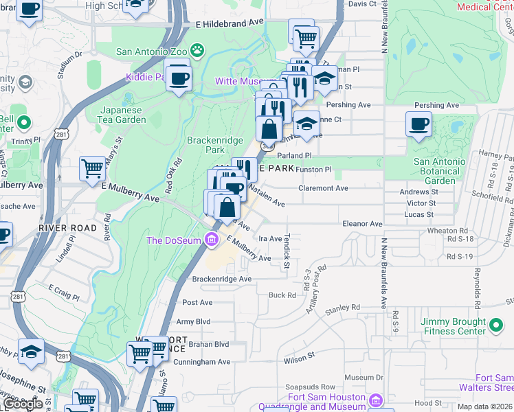 map of restaurants, bars, coffee shops, grocery stores, and more near 205 Eleanor Avenue in San Antonio
