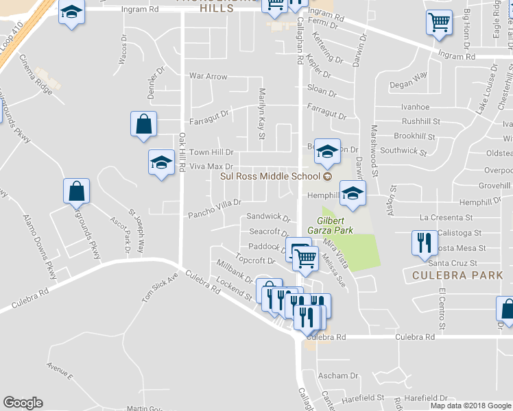 map of restaurants, bars, coffee shops, grocery stores, and more near 6018 Pancho Villa Drive in San Antonio