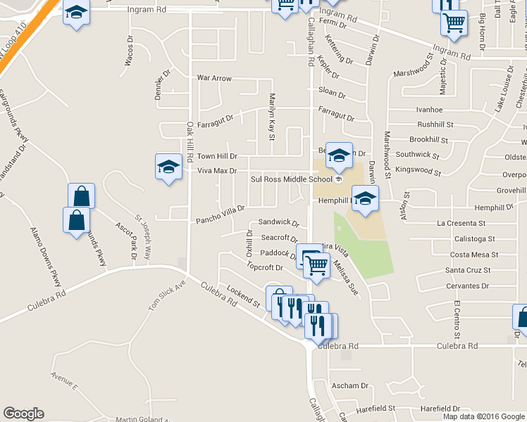 map of restaurants, bars, coffee shops, grocery stores, and more near 6022 Pancho Villa Drive in San Antonio