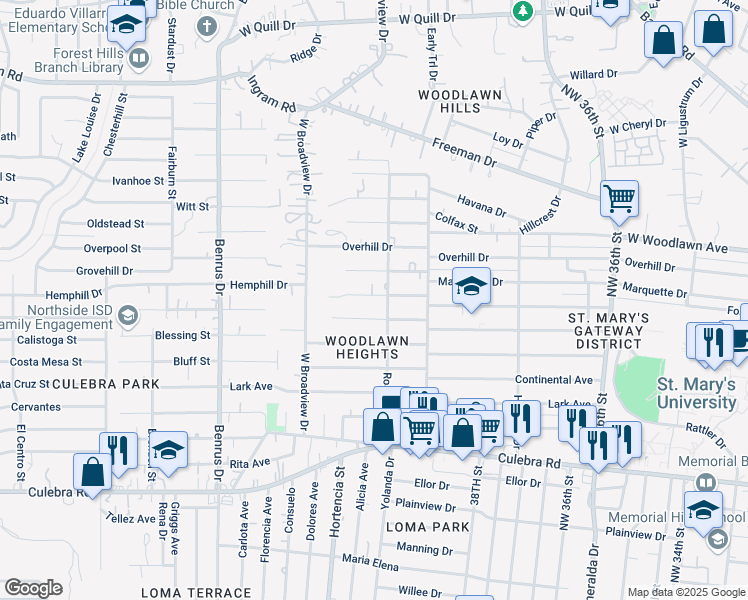 map of restaurants, bars, coffee shops, grocery stores, and more near 414 Riverdale Drive in San Antonio