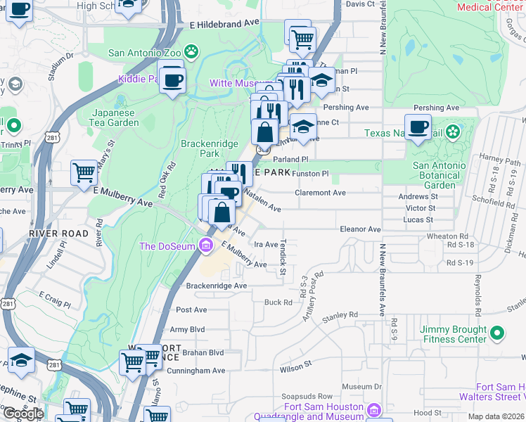 map of restaurants, bars, coffee shops, grocery stores, and more near 218 Natalen Avenue in San Antonio