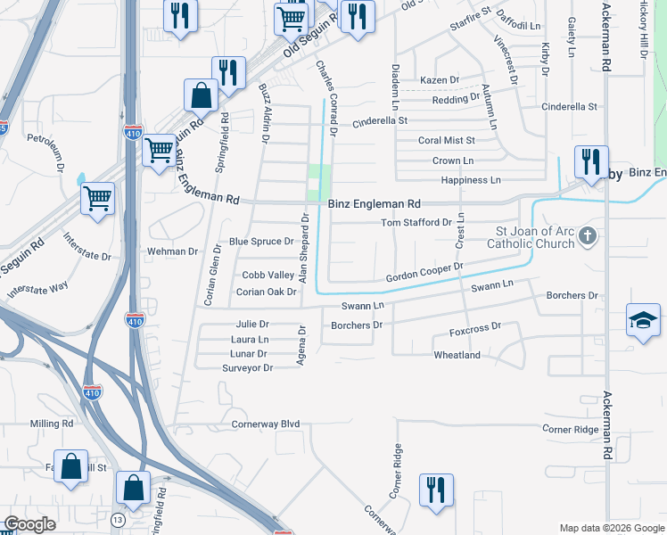map of restaurants, bars, coffee shops, grocery stores, and more near 5015 Gordon Cooper Drive in San Antonio