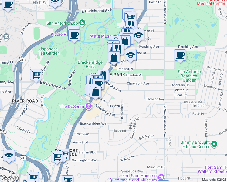 map of restaurants, bars, coffee shops, grocery stores, and more near 236 Natalen Avenue in San Antonio