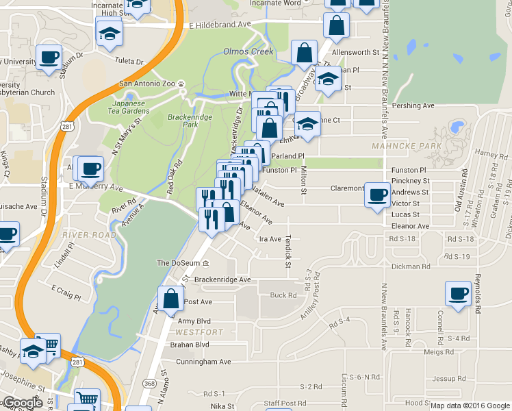 map of restaurants, bars, coffee shops, grocery stores, and more near 205 Eleanor Avenue in San Antonio