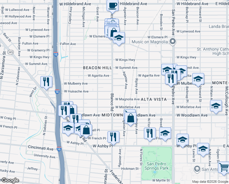map of restaurants, bars, coffee shops, grocery stores, and more near 906 West Huisache Avenue in San Antonio