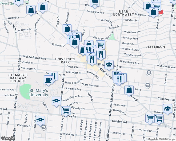 map of restaurants, bars, coffee shops, grocery stores, and more near 235 Marquette Drive in San Antonio