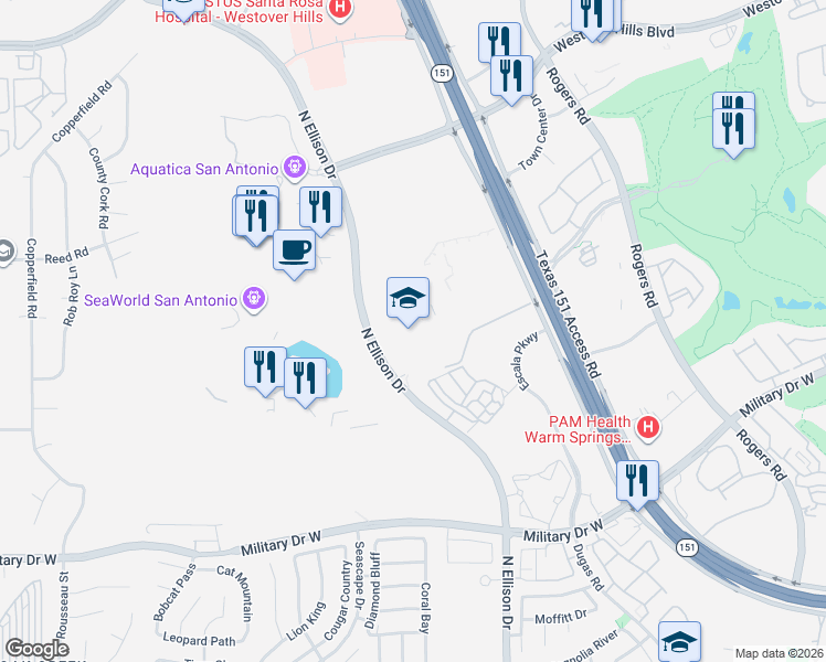 map of restaurants, bars, coffee shops, grocery stores, and more near 2120 N Ellison Dr in San Antonio