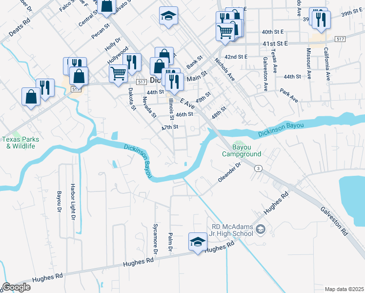 map of restaurants, bars, coffee shops, grocery stores, and more near 2705 49th Street in Dickinson