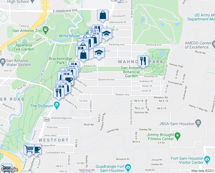 map of restaurants, bars, coffee shops, grocery stores, and more near 335 Natalen St in San Antonio