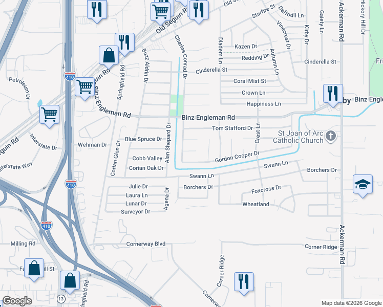map of restaurants, bars, coffee shops, grocery stores, and more near 5014 Thomas Paine Drive in San Antonio