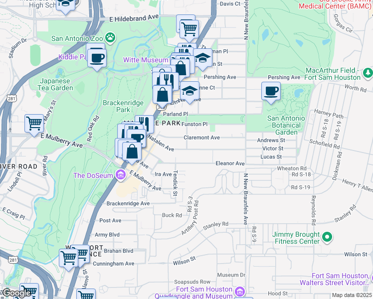 map of restaurants, bars, coffee shops, grocery stores, and more near 101 Milton Street in San Antonio