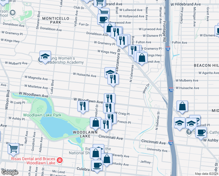 map of restaurants, bars, coffee shops, grocery stores, and more near 1714 West Magnolia Avenue in San Antonio