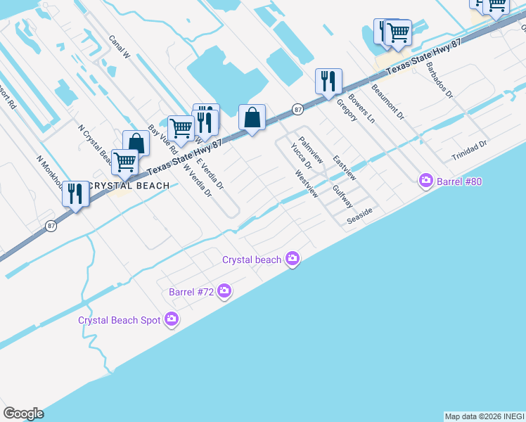 map of restaurants, bars, coffee shops, grocery stores, and more near 1976 Avenue F in Bolivar Peninsula