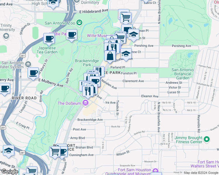 map of restaurants, bars, coffee shops, grocery stores, and more near 236 Natalen Avenue in San Antonio