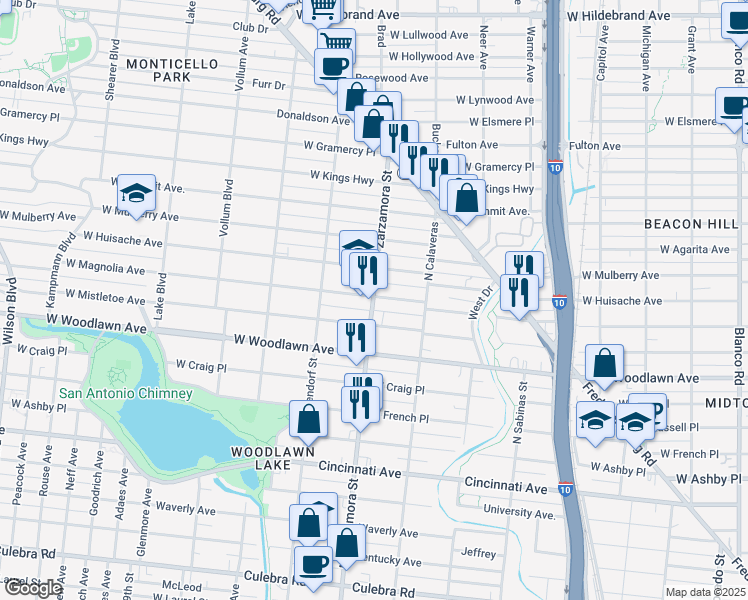 map of restaurants, bars, coffee shops, grocery stores, and more near 1638 West Magnolia Avenue in San Antonio