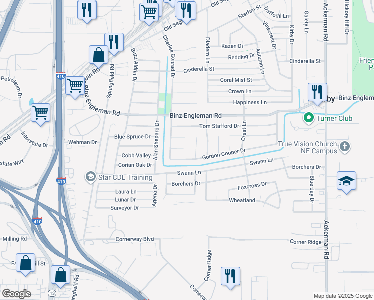map of restaurants, bars, coffee shops, grocery stores, and more near 2807 Rod Schaffe Street in Kirby