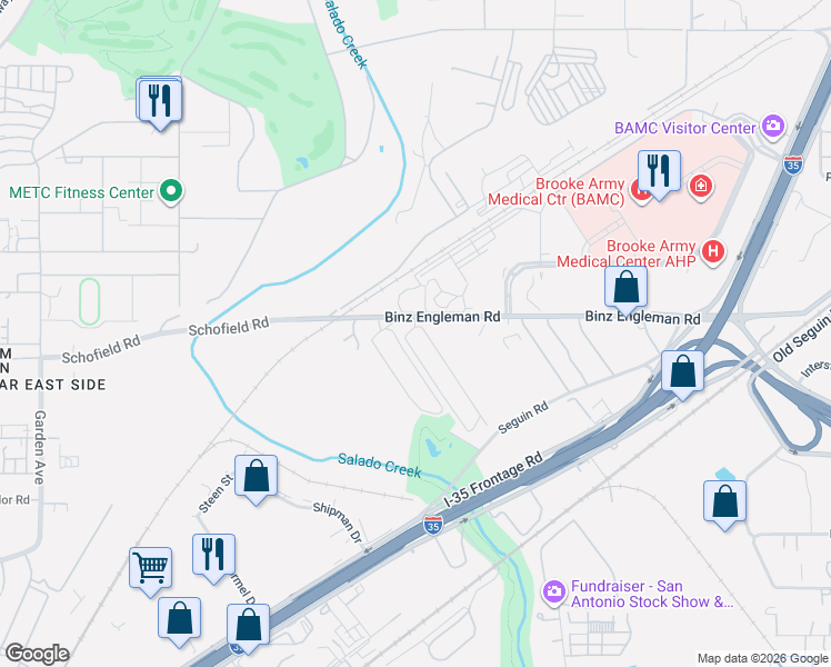 map of restaurants, bars, coffee shops, grocery stores, and more near 3714 Binz Engleman Road in San Antonio