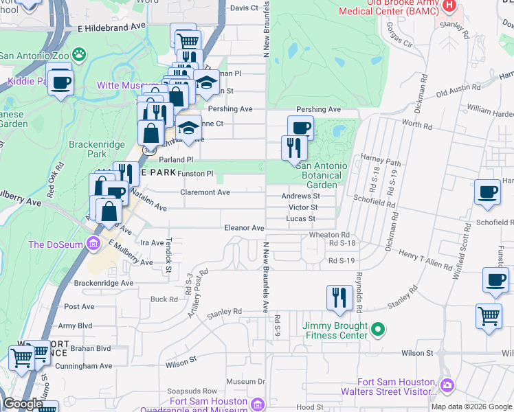 map of restaurants, bars, coffee shops, grocery stores, and more near 458 Natalen Avenue in San Antonio