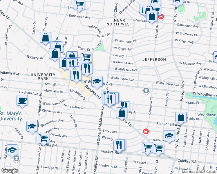 map of restaurants, bars, coffee shops, grocery stores, and more near 154 Saint Cloud in San Antonio