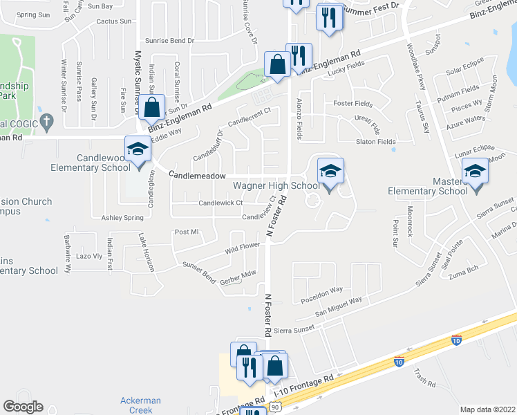 map of restaurants, bars, coffee shops, grocery stores, and more near 6422 Candlewick Court in San Antonio