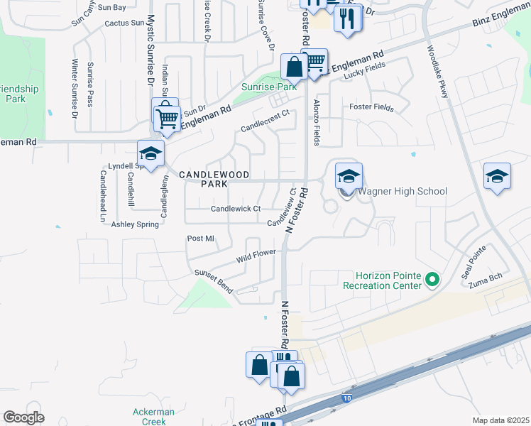 map of restaurants, bars, coffee shops, grocery stores, and more near 6410 Candlewick Court in San Antonio