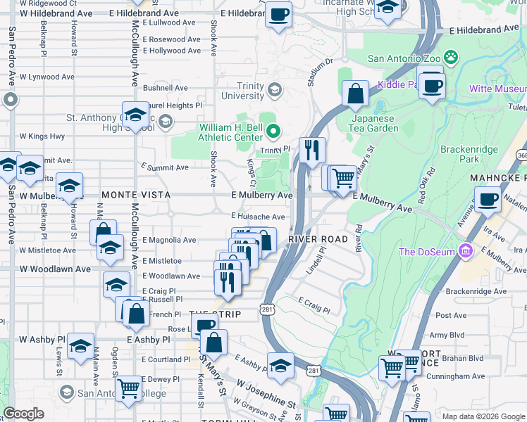 map of restaurants, bars, coffee shops, grocery stores, and more near 522 East Huisache Avenue in San Antonio