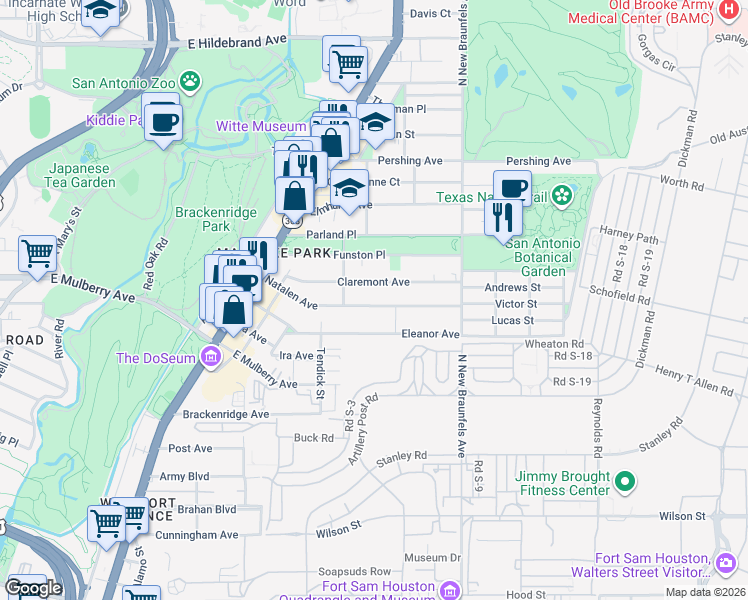 map of restaurants, bars, coffee shops, grocery stores, and more near 333 Natalen Avenue in San Antonio