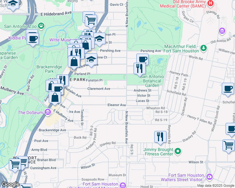 map of restaurants, bars, coffee shops, grocery stores, and more near 458 Natalen Avenue in San Antonio