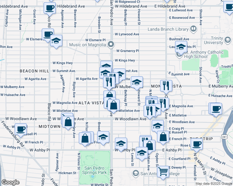 map of restaurants, bars, coffee shops, grocery stores, and more near 2222 San Pedro Avenue in San Antonio
