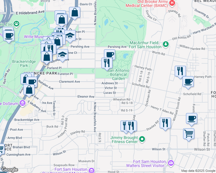 map of restaurants, bars, coffee shops, grocery stores, and more near 231 Lucas Street in San Antonio