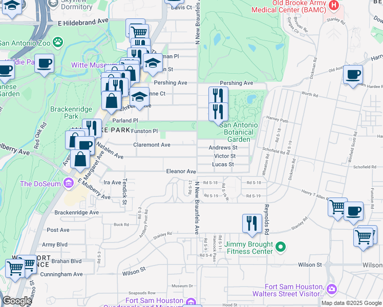 map of restaurants, bars, coffee shops, grocery stores, and more near 458 Natalen Avenue in San Antonio
