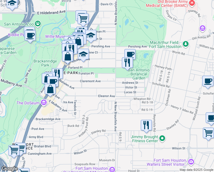 map of restaurants, bars, coffee shops, grocery stores, and more near 458 Natalen Avenue in San Antonio
