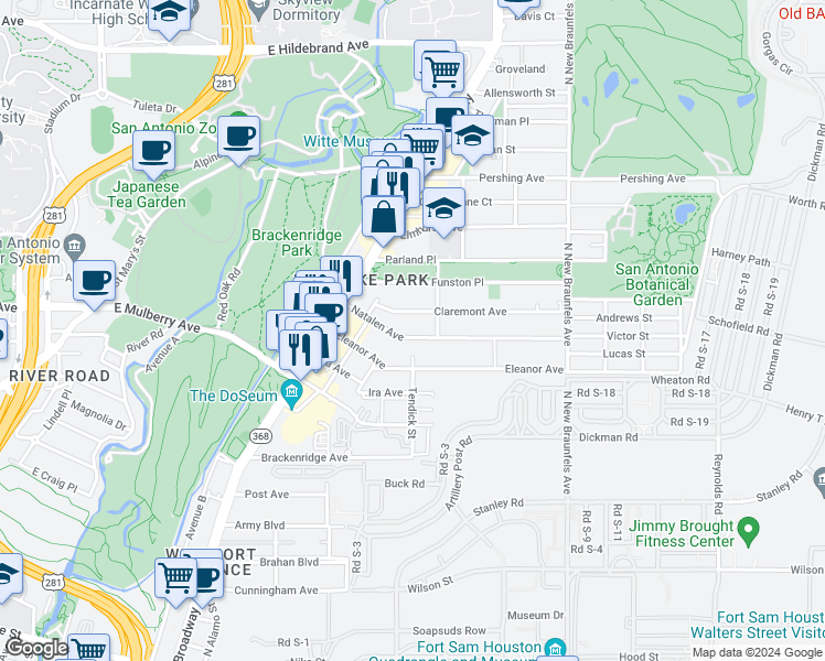 map of restaurants, bars, coffee shops, grocery stores, and more near 236 Natalen Avenue in San Antonio