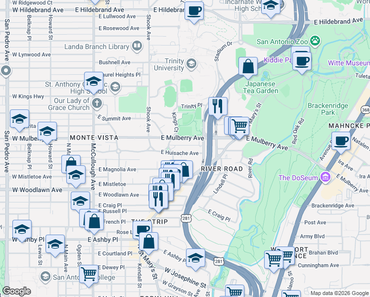 map of restaurants, bars, coffee shops, grocery stores, and more near 522 East Huisache Avenue in San Antonio