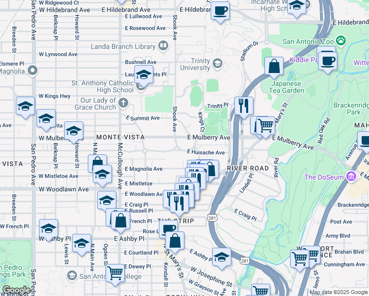 map of restaurants, bars, coffee shops, grocery stores, and more near 434 East Huisache Avenue in San Antonio